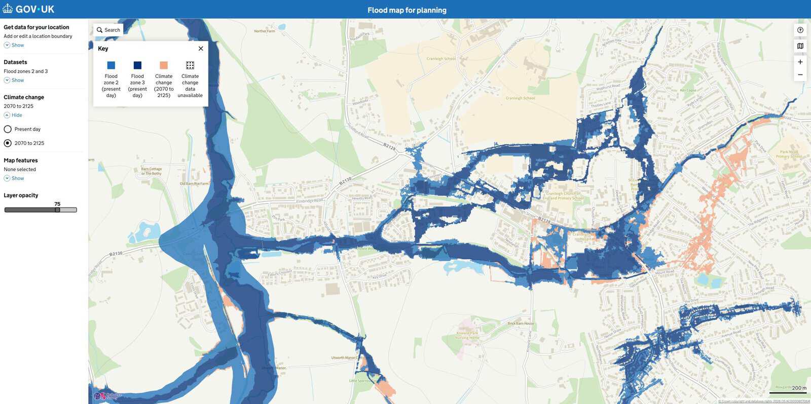 Flood map for planning showing flood zones following a village's brooks and river, used in a new build purchase village flood hotspots review.