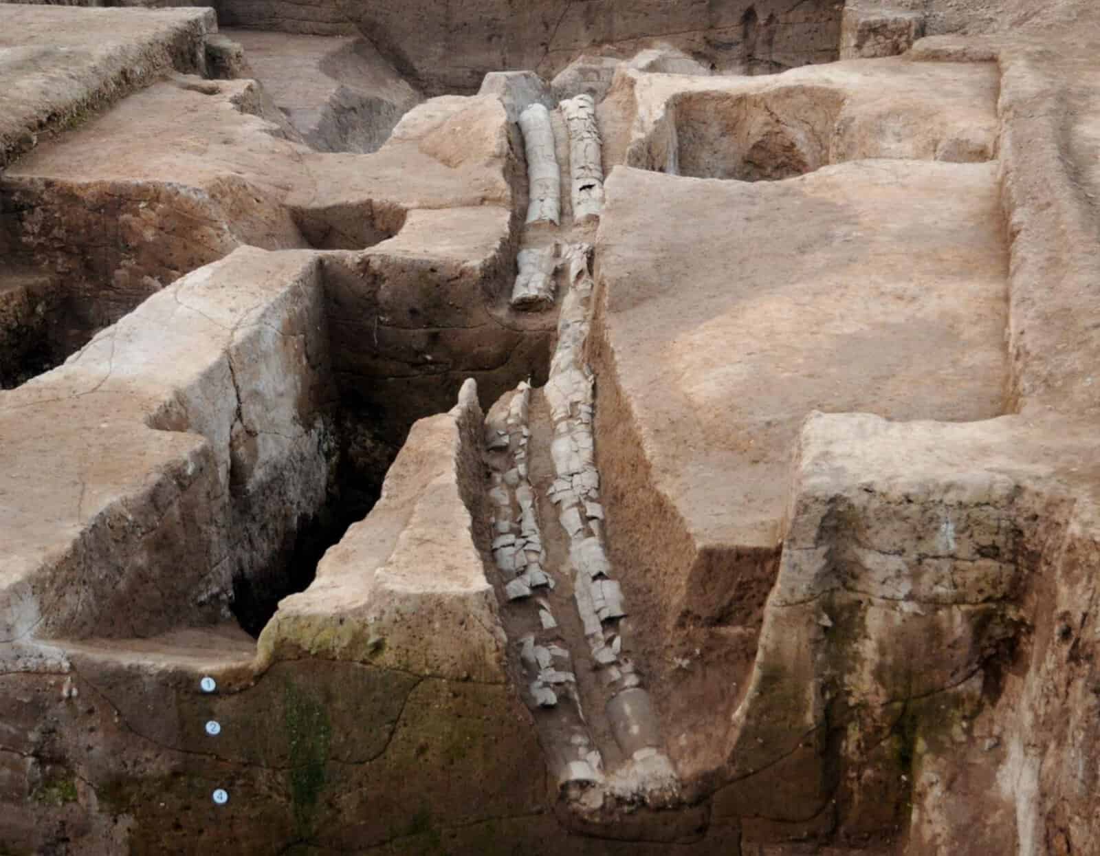 Two lines of Longshan ceramic drainage pipe exposed at Pingliangtai in Henan, often miscalled the oldest drainage system in the world.