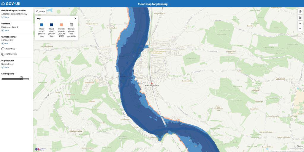 Flood Map for Planning showing Flood Zones 2 and 3 on the Thames at Goring-on-Thames, where a riverside house purchase was withdrawn.