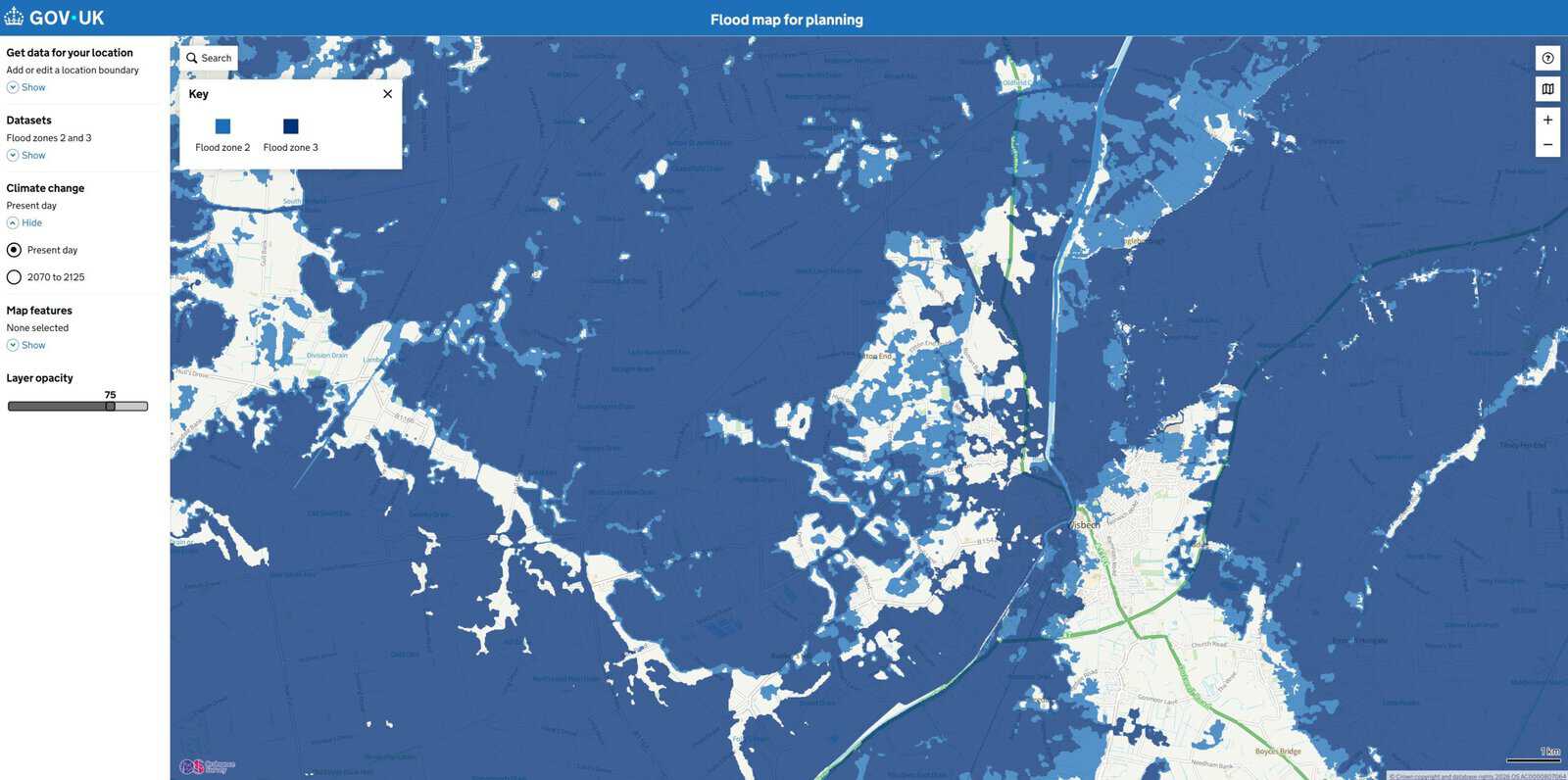 Environment Agency Flood Map for Planning showing Flood Zone 2 and Flood Zone 3 covering most of the Fenland landscape around a village-edge site.