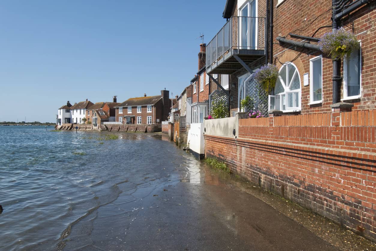 High tide flooding the road at Bosham Quay, West Sussex, before any storm surge is added on top.