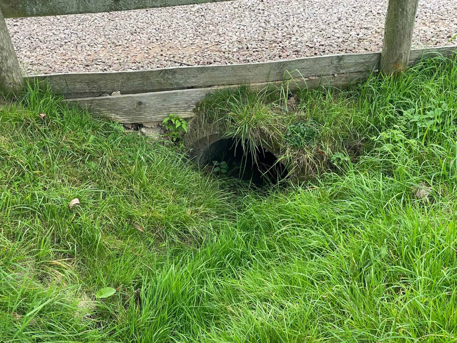 Small pipe culvert under a gravel access, its inlet half hidden by long grass, showing what is a culvert on private land.